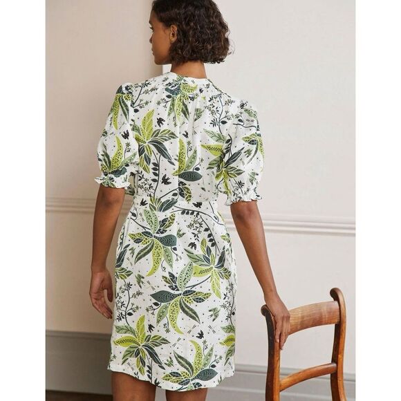 Boden Sz US 10 Smocked Linen Shirt Dress White Floral Green Bird Leaves Resort - Picture 7 of 11